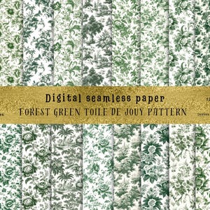 21 bezszwowych wzorów kwiatowych Forest Green Toile de Jouy | Do majsterkowania, sublimacji i nie tylko! Wysokiej jakości 300 DPI JPG | Do użytku komercyjnego