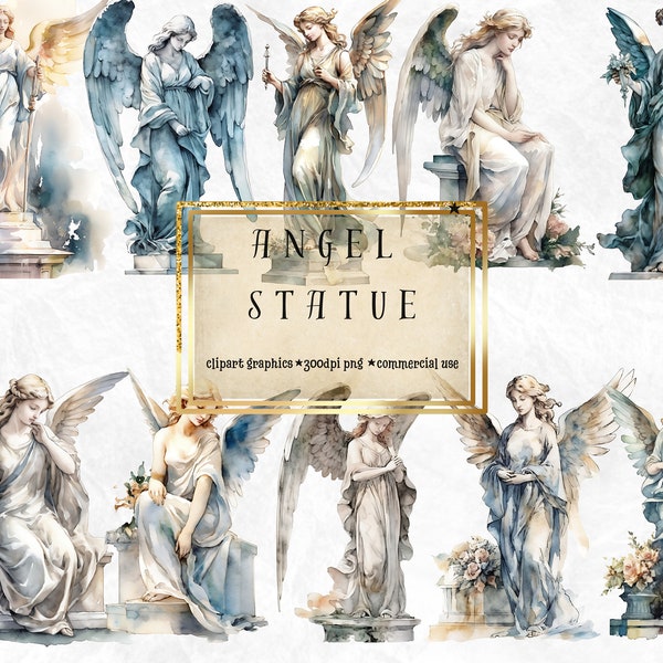 Heavenly Angels Clipart Set - 10 Watercolor Angel Statue Images + Bonus! | Commercial Use | DIY Crafting | Print on demand art | Card making