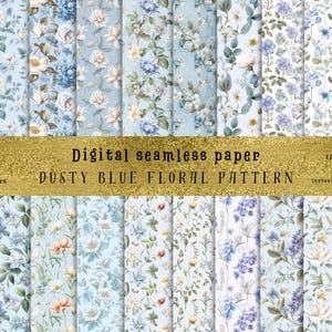 Könnte beinhalten: Ein Set mit 12 digitalen nahtlosen Papiermustern mit staubigem, blauem Blumendesign. Jedes Muster ist 30,5 cm x 30,5 cm groß und als JPG-Datei zum sofortigen Download verfügbar.