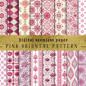 Op de afbeelding: Een set van 12 digitale naadloze papierpatronen met roze en witte oosterse ontwerpen. Elk patroon is 30,5 cm bij 30,5 cm en is beschikbaar voor directe digitale download.