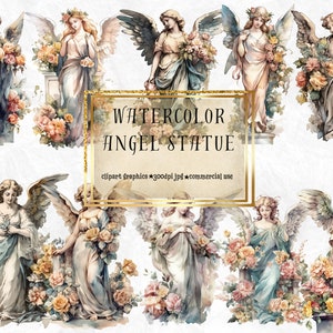 Heavenly Angels Clipart Set | Watercolor Statue Art | 10 PNG Images with Bonus Clipart | DIY Crafts & Commercial Use, Flower art