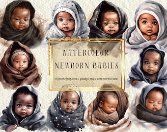 Watercolor Black Newborn Baby Clipart Bundle - DIY Crafting, Commercial Use, 10 High-Quality PNG Images with Bonus Surprise Clipart