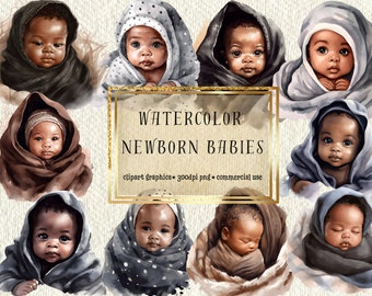 Clipartbundel aquarel pasgeborene – Black Babies, commercieel gebruik (PNG-afbeeldingen)