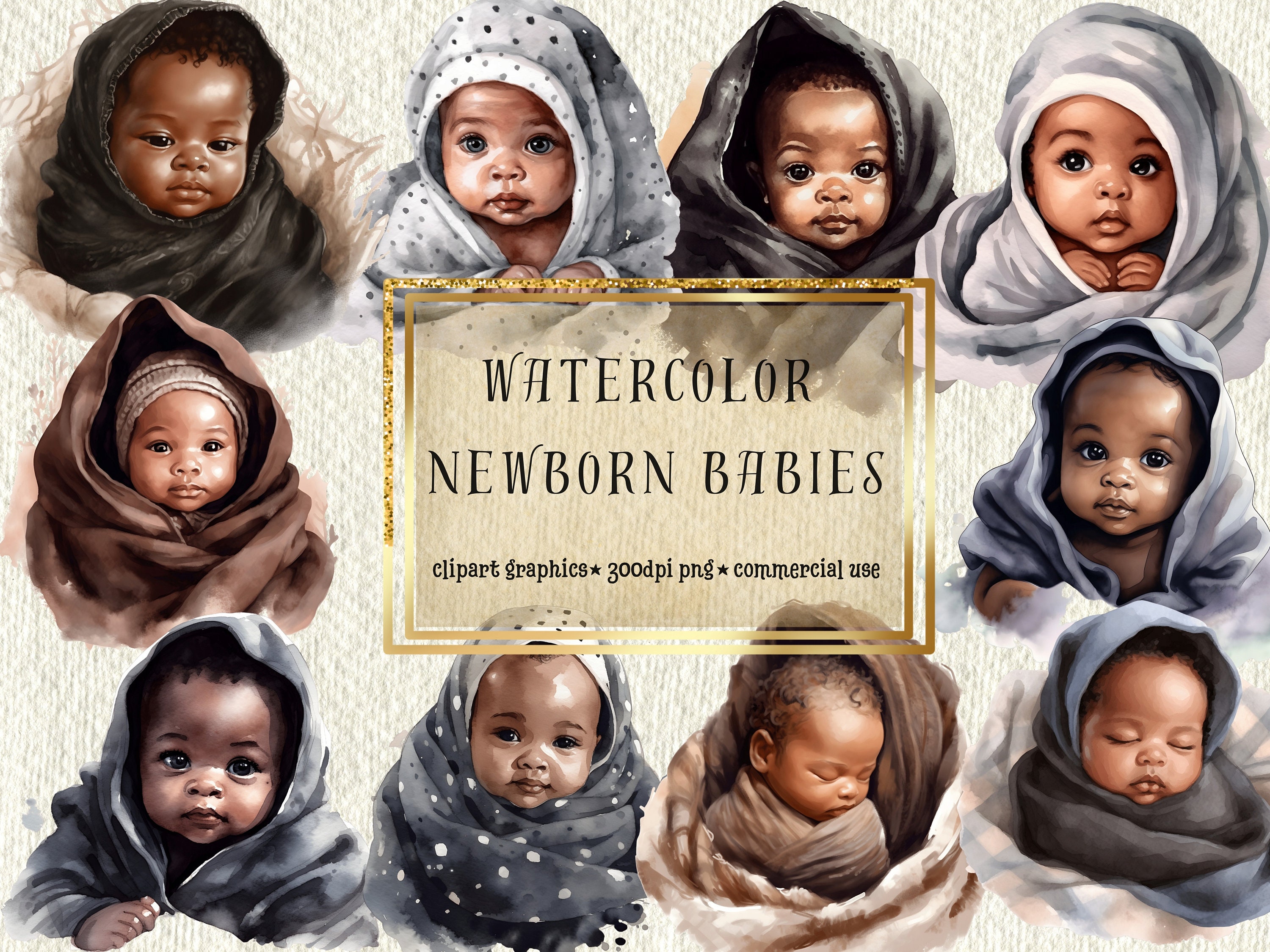 Aquarell Schwarz Neugeborenen Baby Clipart Bundle - DIY Basteln, Kommerzielle Nutzung, 10 Hochwertige PNG Bilder mit Bonus Überraschung Clipart