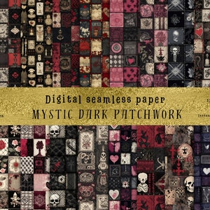May include: A digital seamless paper pattern with a dark, gothic patchwork design. The pattern features skulls, roses, hearts, and other gothic elements in shades of black, red, and white. The pattern is 12 inches by 12 inches and is available for instant digital download.