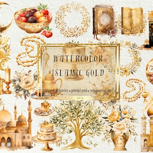 Könnte beinhalten: Aquarell-Illustrationen von islamischen Goldelementen, darunter eine Moschee, ein Halbmond, ein Buch, ein Teller mit Datteln, ein Baum, eine Vase mit Blumen, ein Kuchen, eine Teekanne, Kerzen und Gebetsperlen. Der Text "WATERCOLOR ISLAMIC GOLD" befindet sich in einem goldenen Rahmen.