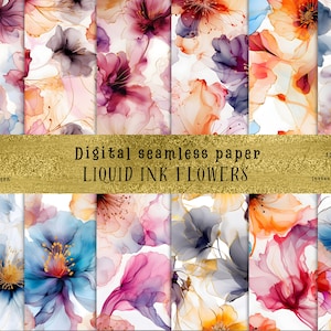 Alcohol Ink Flowers SEAMLESS Patterns - Floral Ink Digital Paper - 16 Designs+ Bonus - Commercial Use - Alcohol Ink Flowers Patterns