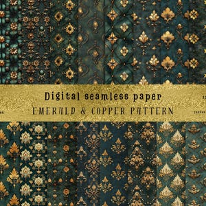 Exquisite Vintage Oriental Seamless Patterns in Emerald Green & Copper | Sublimation, Junk journal, invitation, wallart, Commercial Use!