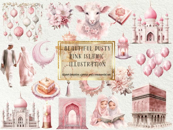 Dusty Pink Ramadan Clipart: Islamic Illustrations (PNG Digital Download)