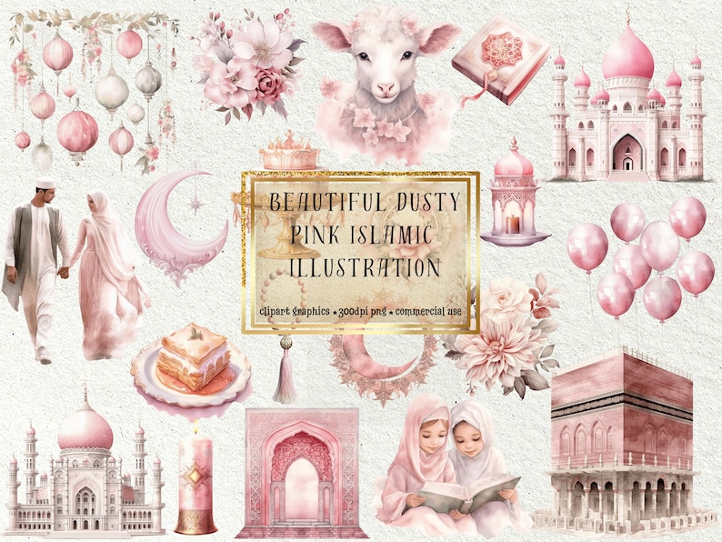 Puede incluir: Un conjunto de ilustraciones isl&aacute;micas de color rosa polvoriento que incluye una mezquita, un cordero, una luna creciente, una pareja con vestimenta tradicional, un dise&ntilde;o floral, una vela, una linterna, una alfombra de oraci&oacute;n y un conjunto de globos. El texto "Beautiful Dusty Pink Islamic Illustration" est&aacute; incluido en la imagen.