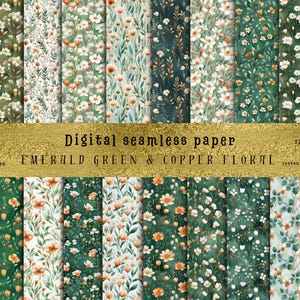 May include: A set of 12 digital seamless paper patterns featuring emerald green and copper floral designs. Each pattern is 12 inches by 12 inches and is available as a JPG file for instant download.