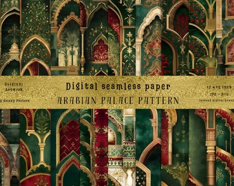 May include: A digital paper pack featuring 12 seamless patterns of an Arabian palace interior. The patterns feature intricate details of arches, columns, and ornate designs in shades of green, gold, and red.
