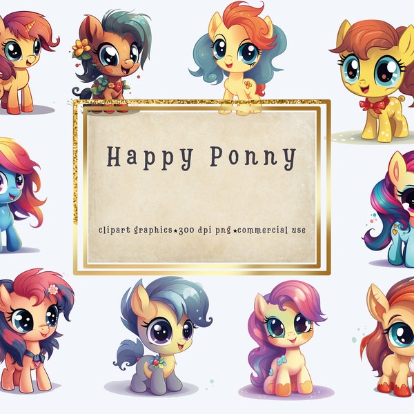 Adorable Cartoon Pony Clipart Set - 10 High-Quality 300 DPI Images, Perfect for Commercial Use! Invitations, DigitalClipart- Birthday party