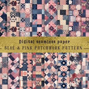 21 Vintage Angela Barrett Style Patchwork Patterns | Midnight Blue & Blush Pink Seamless Designs, Sublimation, Junk Journal, Commercial Use!