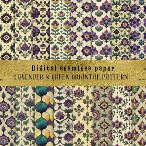 May include: A set of 12 digital seamless paper patterns featuring a lavender and green oriental design. Each pattern is 12 inches by 12 inches and is available as a JPG file for instant download.