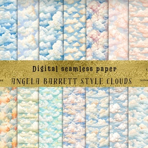 May include: A set of 12 digital seamless paper patterns featuring watercolor clouds in various shades of blue, pink, and white. The patterns are 12 inches by 12 inches and are available for instant download.