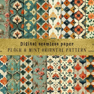 Puede incluir: Un conjunto de 12 patrones digitales sin costuras con diseños orientales en color melocotón y menta. Los patrones son de 30,5 x 30,5 cm y están en formato JPG. Descarga digital instantánea.