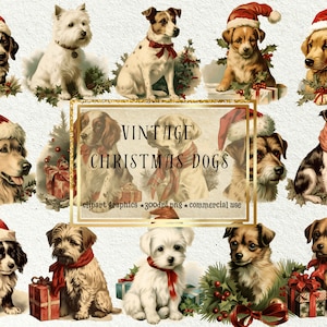 Vintage Weihnachten Hunde Clipart PNG, kommerzielle Nutzung, Weihnachtsgeschenk Clipart, Winter Clipart Bundle, Karte, Sublimation, Junk Journal + Bonus
