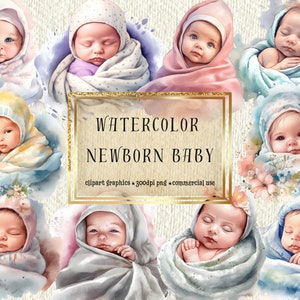 Hermoso conjunto de imágenes prediseñadas de bebé recién nacido de acuarela / 10 imágenes PNG de alta calidad / uso comercial incluido, invitación, álbum de recortes y más