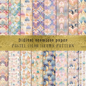 Può includere: Un set di 12 motivi digitali senza cuciture che presentano colori pastello e disegni geometrici islamici. I motivi includono archi, stelle, lune e altri motivi tradizionali. Ogni motivo misura 30,48 cm per 30,48 cm ed è disponibile come file JPG.