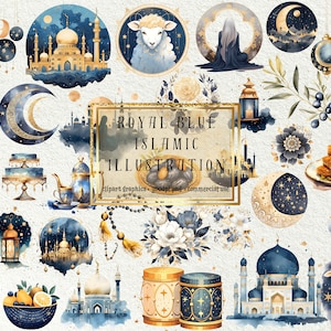 Beaux cliparts islamiques aquarelle bleu royal 40 + 1 bonus - PNG de haute qualité pour le ramadan, décoration de l'Aïd, travaux manuels créatifs et plus - usage commercial