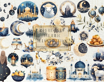 Beautiful 40+1 Bonus Royal Blue Watercolor Islamic Cliparts - High-Quality PNG for Ramadan, Eid Decor, DIY Crafts & More - Commercial Use