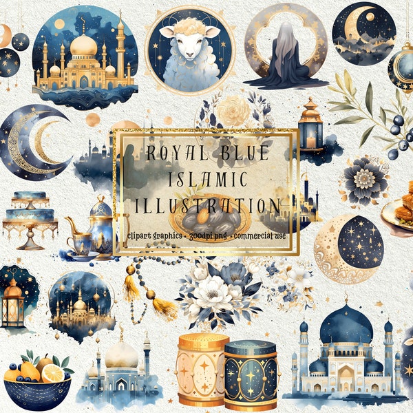 Beaux cliparts islamiques aquarelle bleu royal 40 + 1 bonus - PNG de haute qualité pour le ramadan, décoration de l'Aïd, travaux manuels créatifs et plus - usage commercial