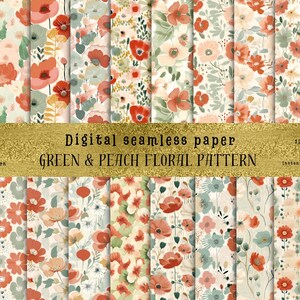 Puede incluir: Un conjunto de 12 patrones de papel digital sin costuras con un diseño floral verde y melocotón. Los patrones presentan una variedad de flores, incluyendo rosas, amapolas y margaritas. Los patrones son perfectos para usar en scrapbooking, creación de tarjetas y otros proyectos de manualidades.