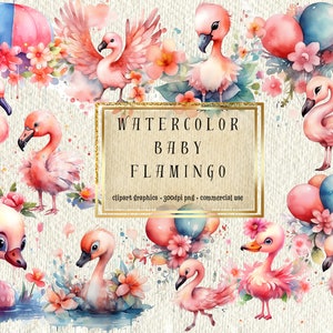 Adorable Baby Flamingo Clipart Set - 10 High-Quality Watercolor Cartoon Images - Perfect for DIY Crafts, Art Projects, and Commercial Use