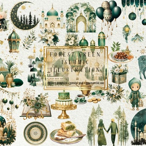 40 + 3 cliparts islamiques vert forêt en prime pour le ramadan et l'Aïd - PNG de haute qualité, parfait pour la sublimation, le scrapbooking, la décoration, un usage commercial