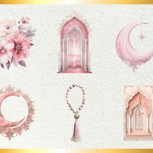 Puede incluir: Un conjunto de ilustraciones digitales con dise&ntilde;os de acuarela rosa y blanco. El conjunto incluye un ramo de flores, una luna creciente rosa, un arco rosa, cuentas de oraci&oacute;n rosas y una mezquita rosa.