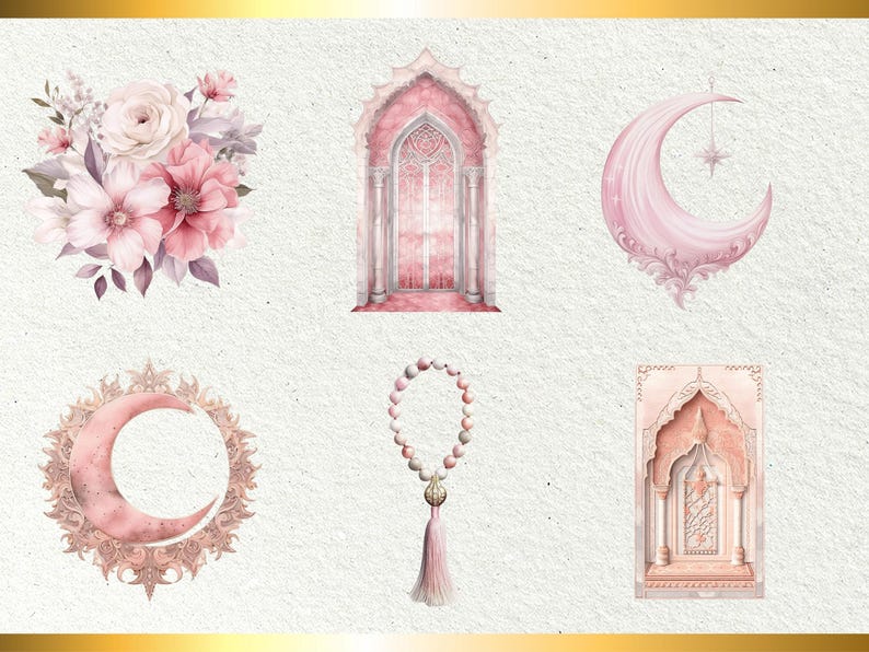 Puede incluir: Un conjunto de ilustraciones digitales con dise&ntilde;os de acuarela rosa y blanco. El conjunto incluye un ramo de flores, una luna creciente rosa, un arco rosa, cuentas de oraci&oacute;n rosas y una mezquita rosa.