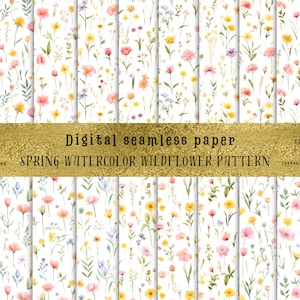 Puede incluir: Un conjunto de 12 patrones de papel digital sin costuras con flores silvestres de acuarela en tonos de rosa, amarillo y azul sobre un fondo blanco. Cada patrón mide 30,5 cm por 30,5 cm y está disponible para descarga instantánea.
