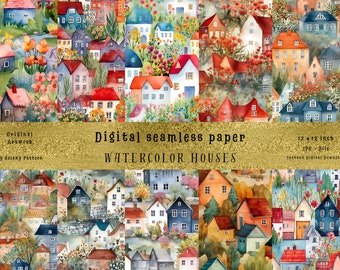 Vibrant Scandinavian Watercolor Houses - Set of 10 Seamless Patterns for DIY Crafting and Commercial Use + Suprise Seamless Pattern