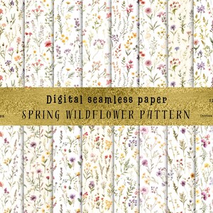 May include: A set of 12 digital seamless paper patterns featuring watercolor illustrations of spring wildflowers in various colors on a white background. Each pattern is 12 inches by 12 inches and is available for instant download as a JPG file.