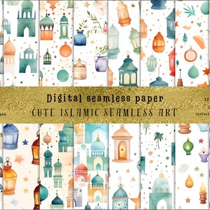Könnte beinhalten: Ein Set mit 12 digitalen nahtlosen Mustern mit Aquarell-Illustrationen von Moscheen, Laternen und Sternen. Die Muster sind in einem hellblauen, grünen und orangenen Farbschema gehalten und perfekt für die Erstellung von islamisch inspirierten Bastelarbeiten und Projekten.