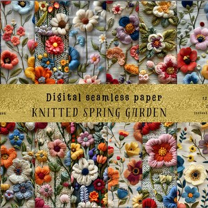 Könnte beinhalten: Digitales nahtloses Papiermuster mit einem gestrickten Hintergrund mit bunten gestickten Blumen in den Farben Rosa, Rot, Blau, Gelb und Grün. Das Muster trägt den Titel "Knitted Spring Garden" und ist als 30,5 x 30,5 cm große JPG-Datei zum sofortigen digitalen Download verfügbar.
