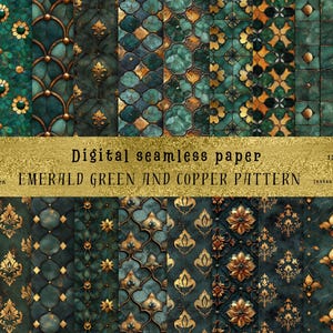 May include: A set of 12 digital seamless patterns featuring emerald green and copper geometric designs. The patterns are perfect for creating backgrounds, scrapbooking, and other craft projects.