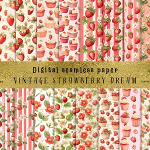 30 modelli senza cuciture vintage fragole sfondi acquerello ad alta risoluzione, sublimazione, stampa su tessuto, arte digitale - uso commerciale