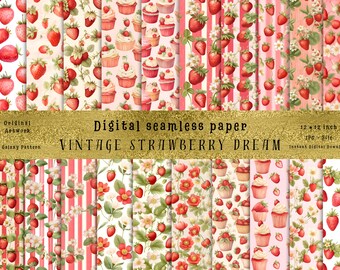 Diseños vintage de fresas en acuarela, fondos sin costuras (descarga digital)