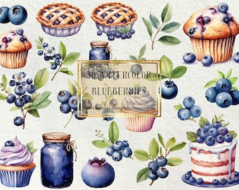 May include: Watercolor illustration featuring various blueberry-themed desserts and elements. Includes blueberry pies, muffins, cupcakes, and a layered cake, along with sprigs of leaves and individual blueberries. The image also contains the text "30 Watercolor Blueberries".