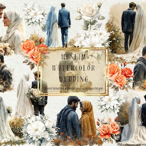 Exquisita colección de imágenes prediseñadas de bodas musulmanas: 27+1 imágenes de novios en acuarela, PNG florales, uso comercial, descarga instantánea