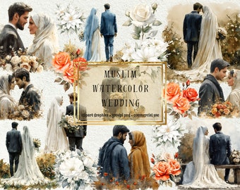 Exquisite muslimische Hochzeit Clipart Sammlung - 27 + 1 Aquarell Braut und Bräutigam Bilder, Floral PNGs, kommerzielle Nutzung, sofortiger Download