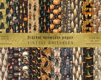 Könnte beinhalten: Ein Set mit 12 digitalen nahtlosen Papiermustern mit Vintage-Halloween-Illustrationen. Die Muster beinhalten Kürbisse, Hexen, Skelette, Geister, Krähen, Schädel und andere gruselige Elemente. Die Muster sind in einer dunklen Farbpalette mit goldenen Akzenten gehalten.