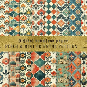 21 vintage perzik-munt oosterse naadloze patronen | voor bruiloften, eid, ramadan, verjaardagen, sublimatie, junkjournal, digitaal papier!