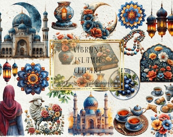 30 Watercolor Islamic Cliparts + 2 Bonus: High-Quality 300 DPI Vibrant Mosque & Quran Illustrations, Commercial Use, Invitation, Junk Journa