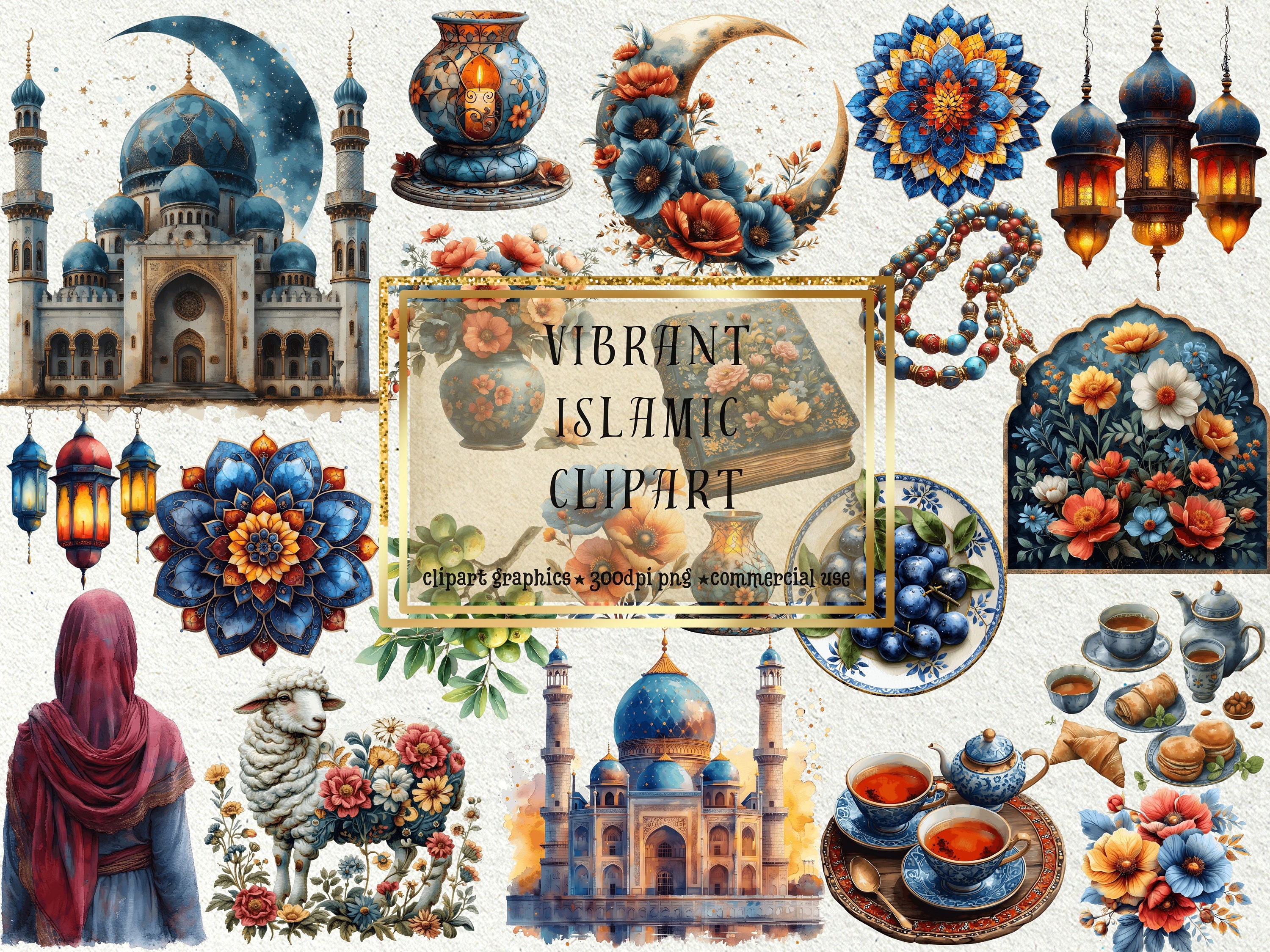30 Watercolor Islamic Cliparts + 2 Bonus: High-Quality 300 DPI Vibrant Mosque & Quran Illustrations, Commercial Use, Invitation, Junk Journa
