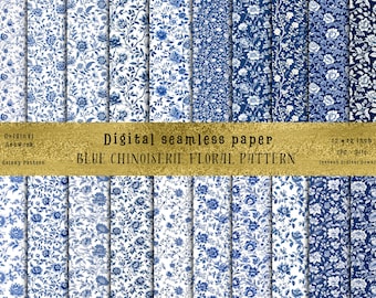 May include: A set of 12 digital seamless paper patterns featuring a blue and white chinoiserie floral design. Each pattern is 12 inches by 12 inches and is available as a JPG file for instant download.