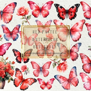 30 + 1 Bônus Borboleta Vermelha Clipart PNG Aquarela Pastel Adesivos de Borboleta Pacote de Borboleta Vermelha Conjunto de Ilustrações Download Instantâneo