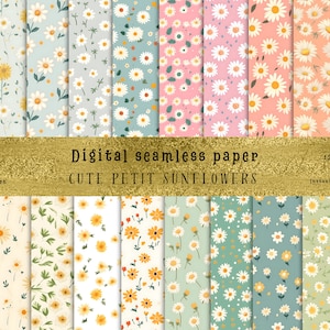Op de afbeelding: Een set van 12 digitale naadloze papierpatronen met schattige, kleine zonnebloemen in verschillende kleuren en arrangementen. De patronen zijn perfect voor knutselen, scrapbooking en andere creatieve projecten.